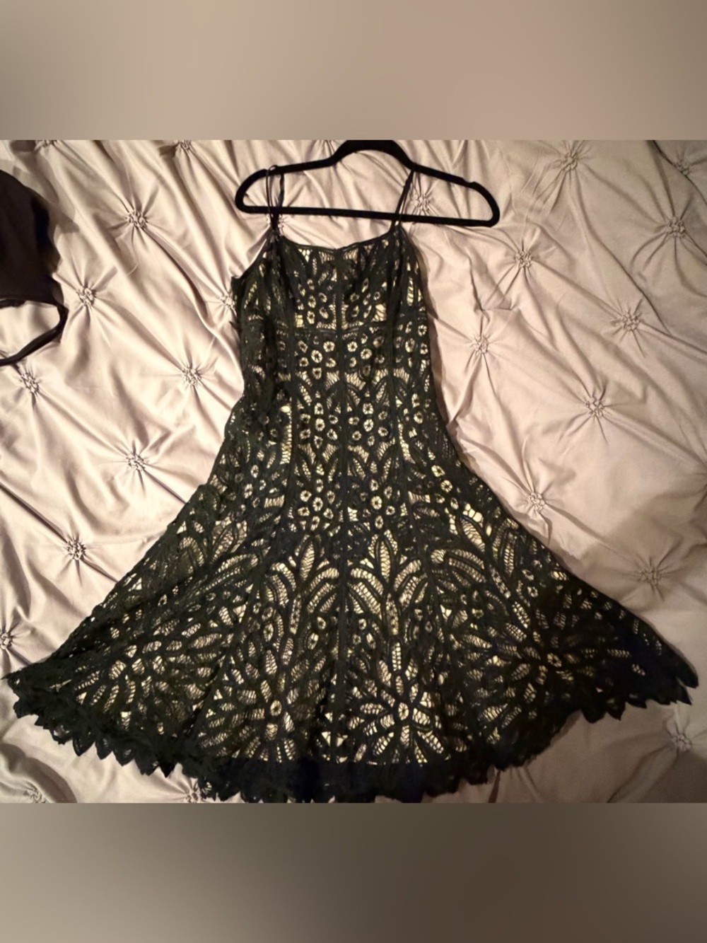 Betsey Johnson Black Lace Midi Dress with Cream Lining. Flares out